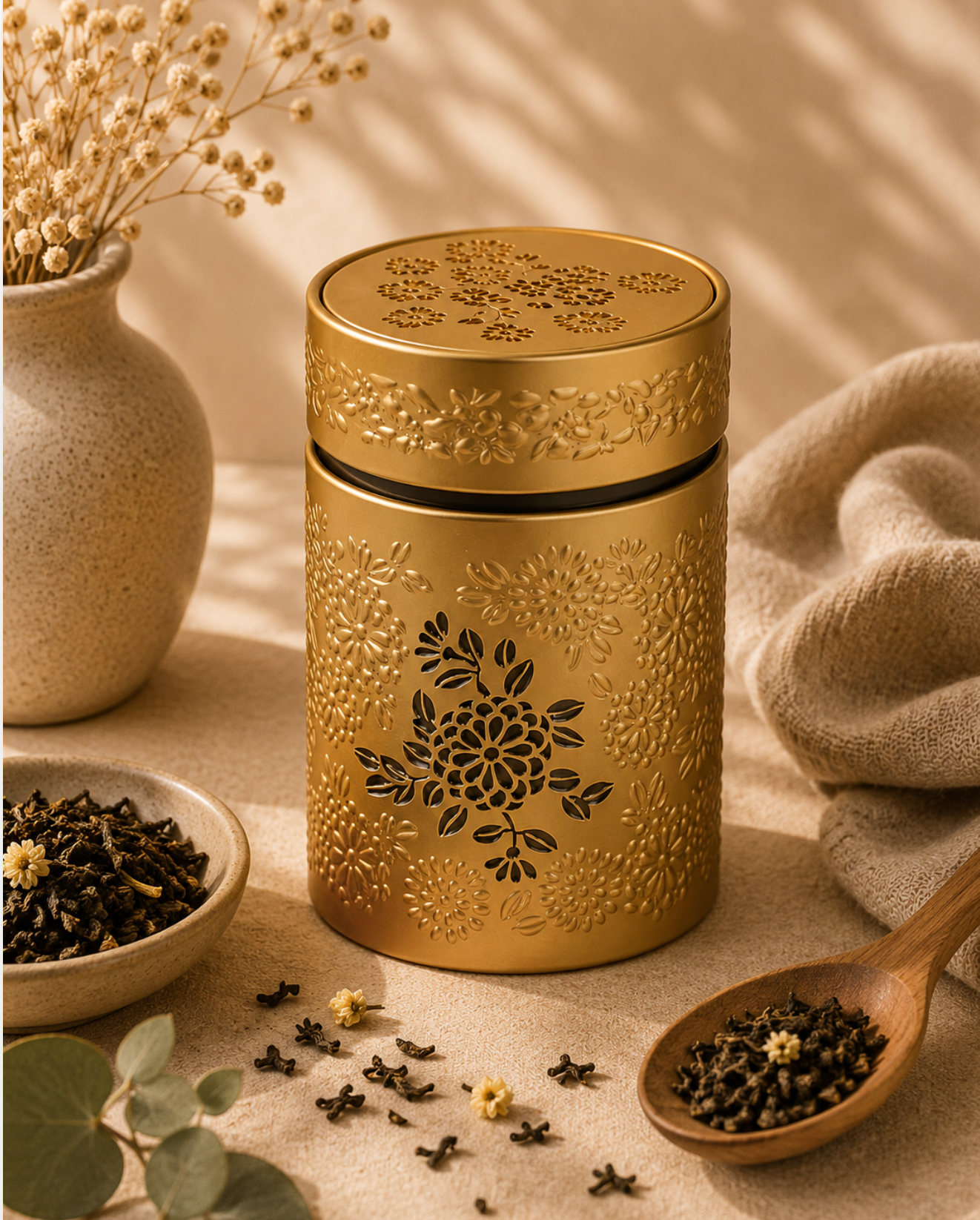 Boîte à thé japonaise élégante Yumiko en métal or