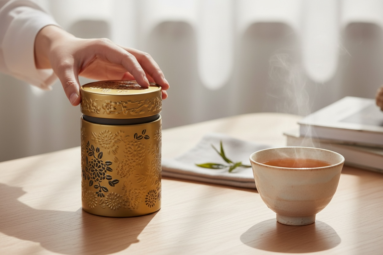 Boîte à thé japonaise élégante Yumiko en métal or